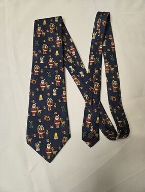 Vintage Lands End Christmas Santa Reindeer Holiday Mens Novelty Tie 100% Silk